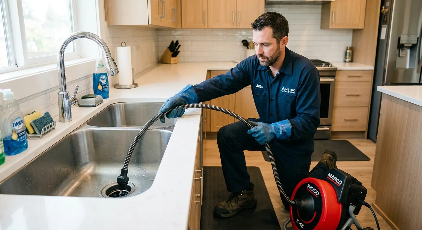 Drain cleaning technician using a motorized snake on a kitchen sink in Yoakum