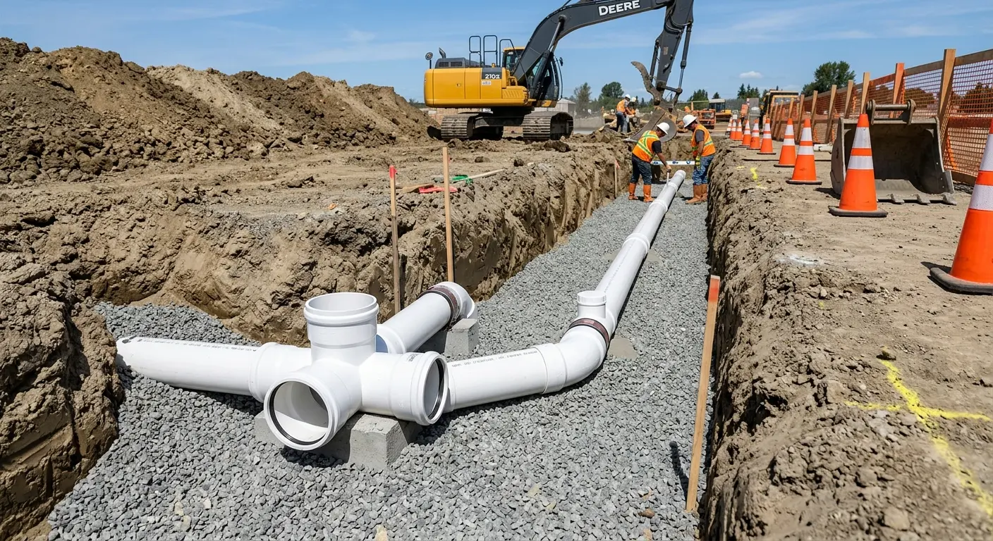 New PVC sewer pipe installation in open trench for Grease Trap Cleaning in Yoakum
