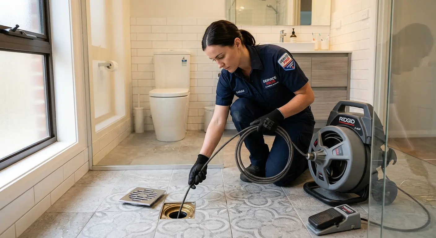 Technician clearing a bathroom floor drain for Clogged Drain Repair in Yoakum